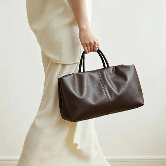 Brown Leather Pleated Tote Bag