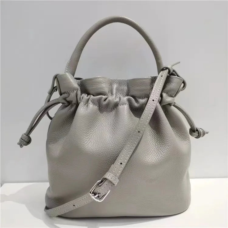Blue Leather Drawstring Bucket Bag
