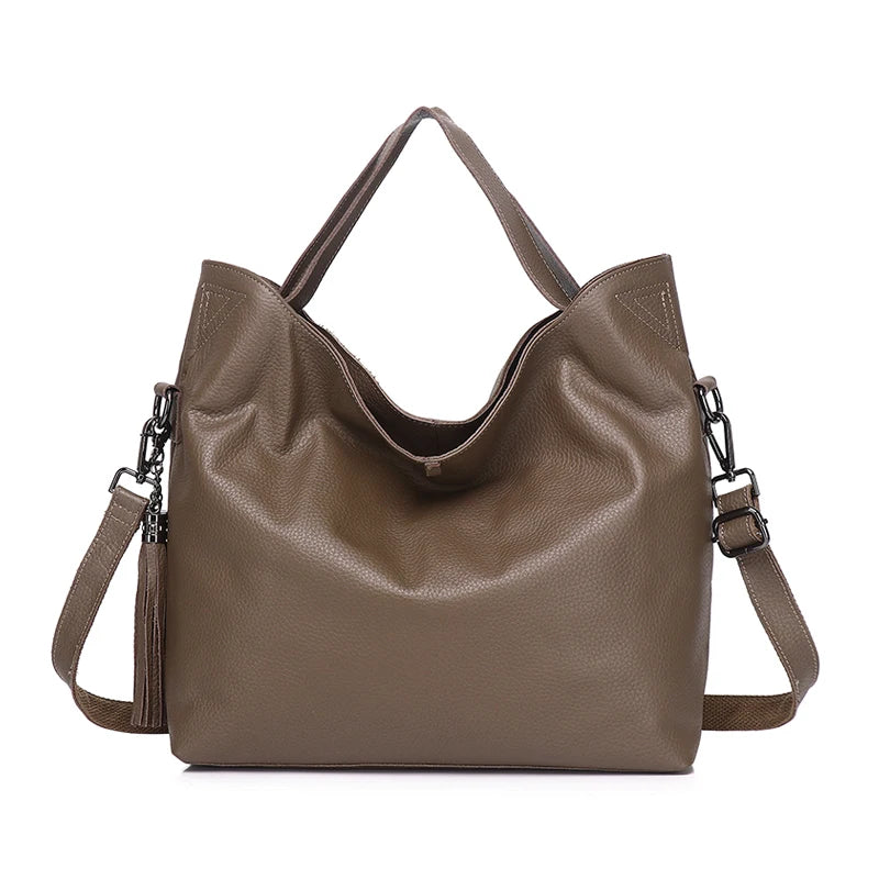 Beige Leather Soft Shoulder Tote