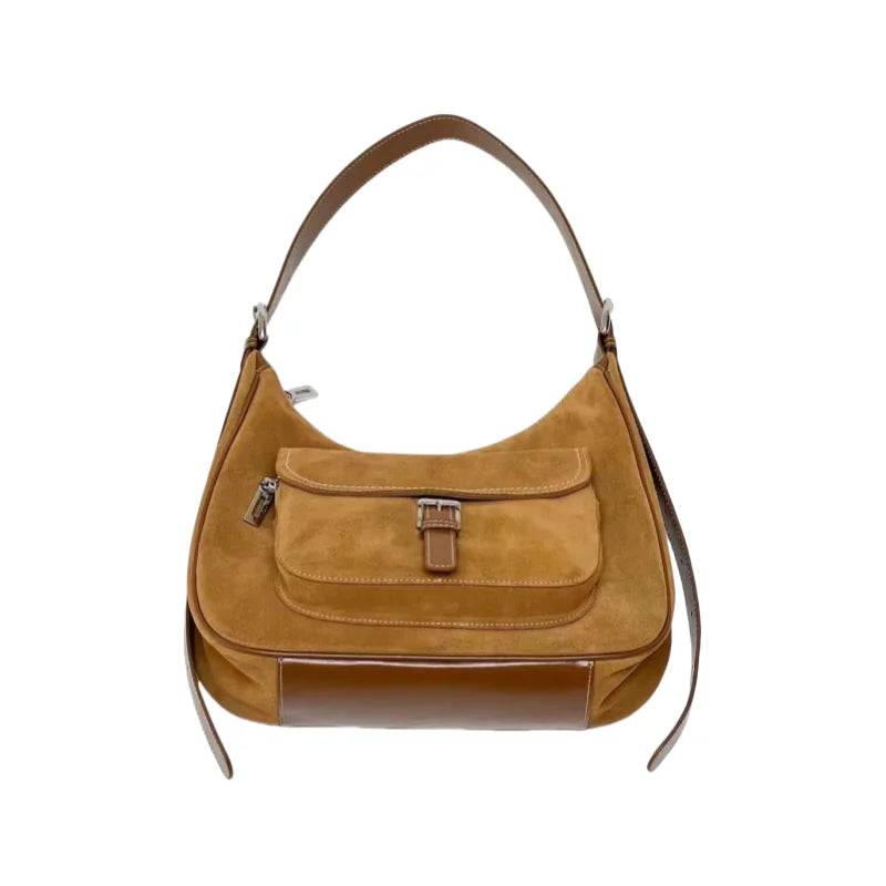 Brown Suede Pocket Shoulder Bag