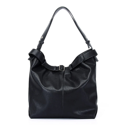 Brown Leather Drawstring Shoulder Tote