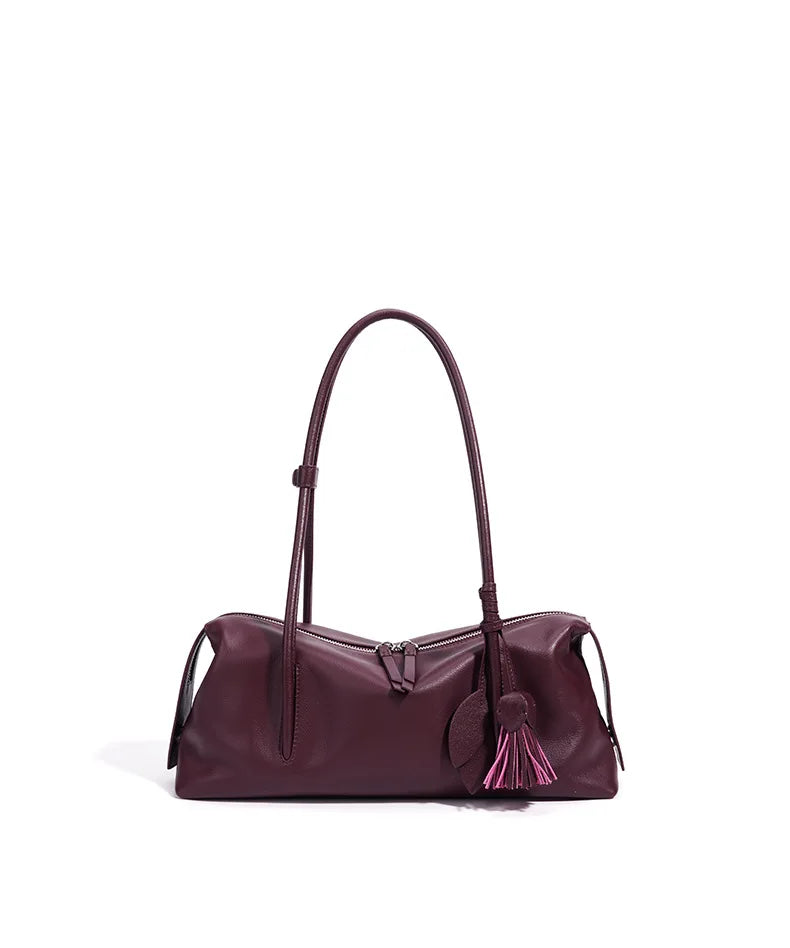 Taupe Leather Tassel Shoulder Bag