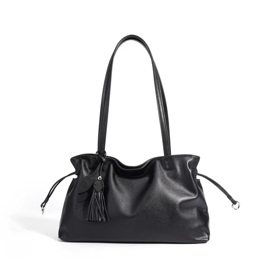 Beige Drawstring Tassel Shoulder Tote