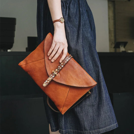 Brown Beaded Foldover Clutch Bag