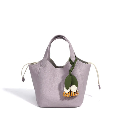 Tan Leather Charm Bucket Tote