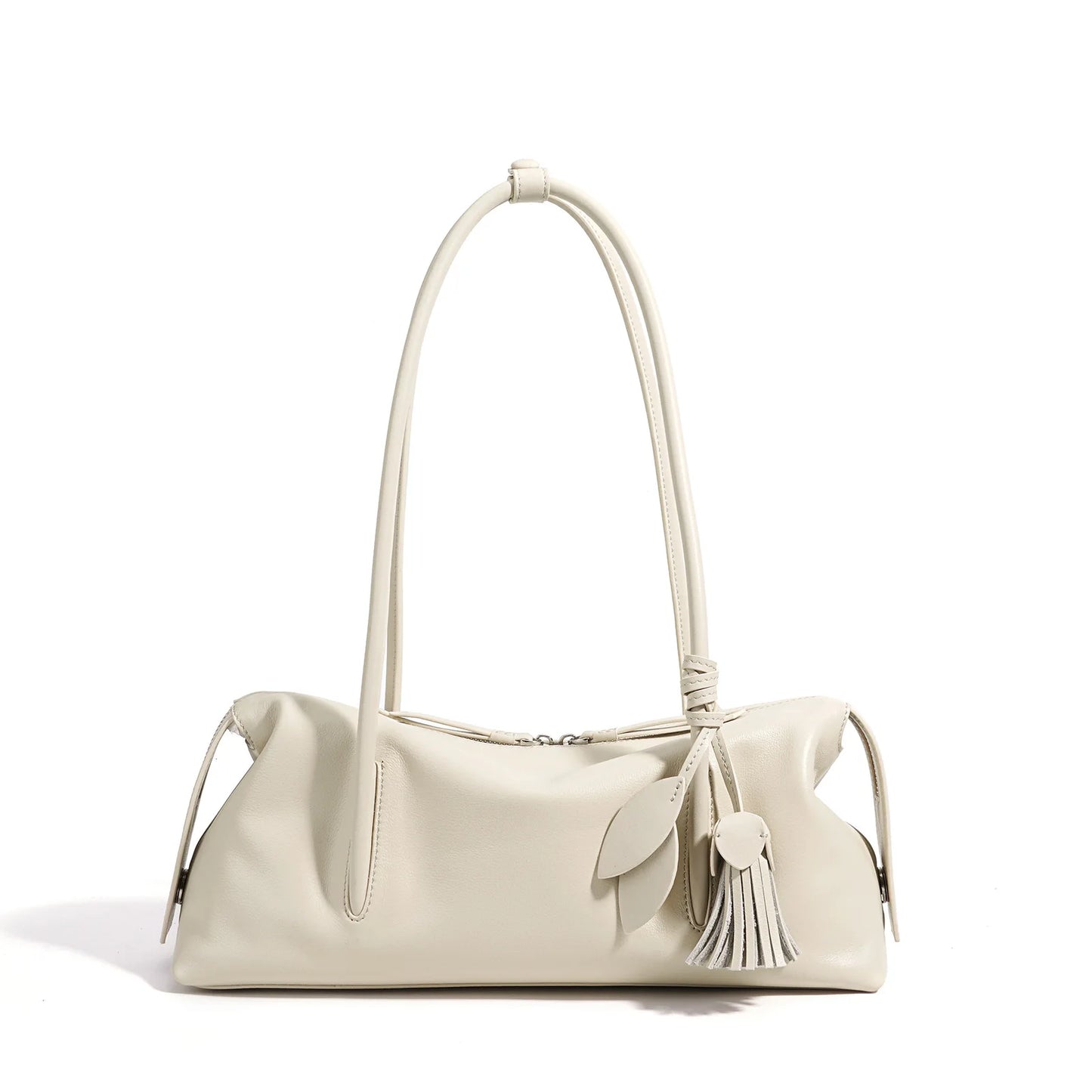 Taupe Leather Tassel Shoulder Bag
