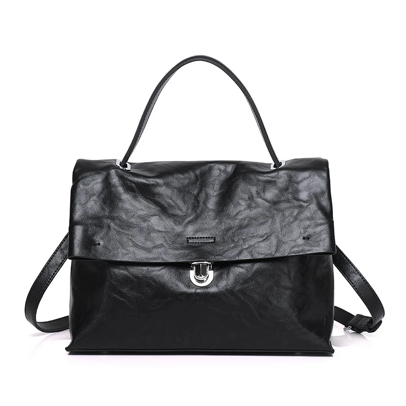 Black Foldover Leather Satchel Bag