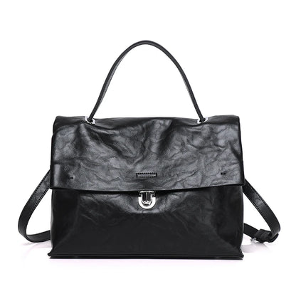 Black Foldover Leather Satchel Bag