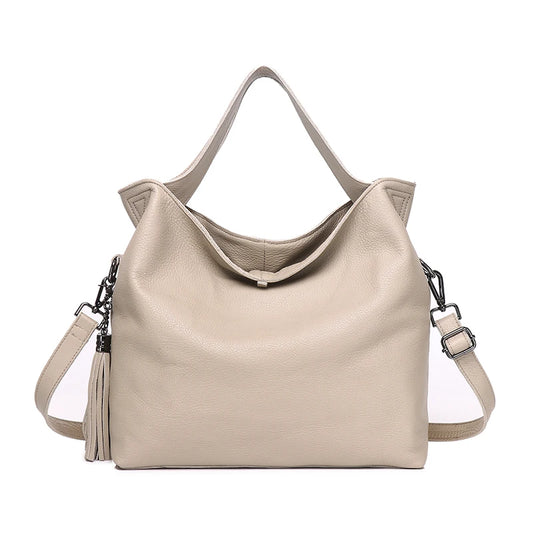 Beige Leather Soft Shoulder Tote