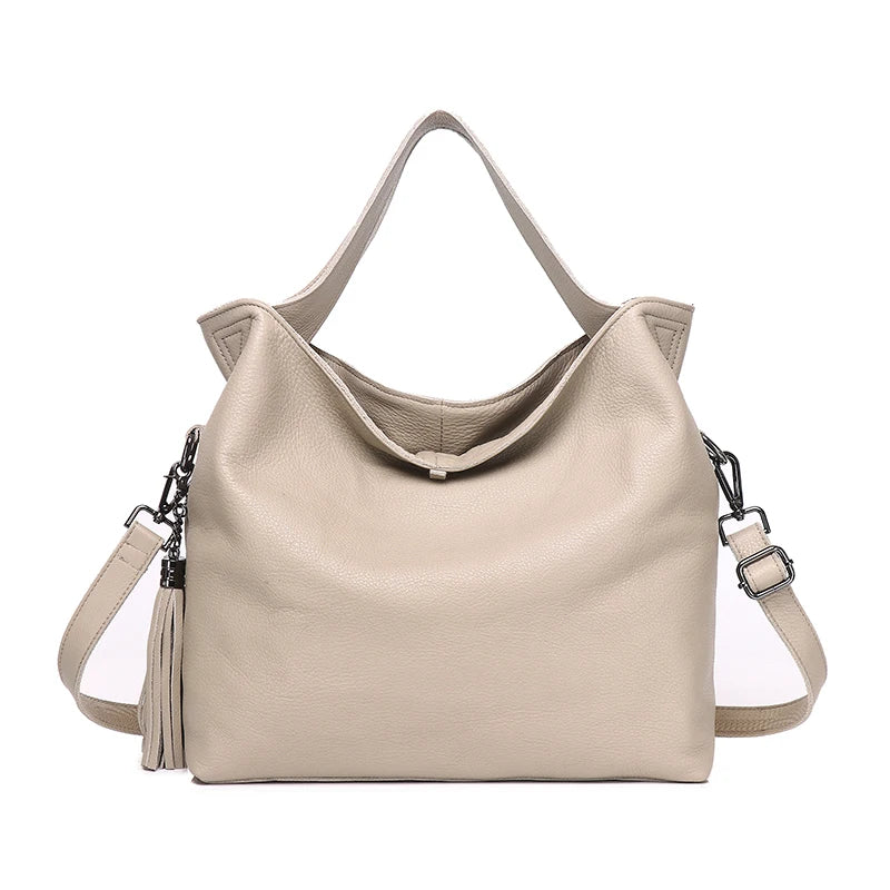 Beige Leather Soft Shoulder Tote