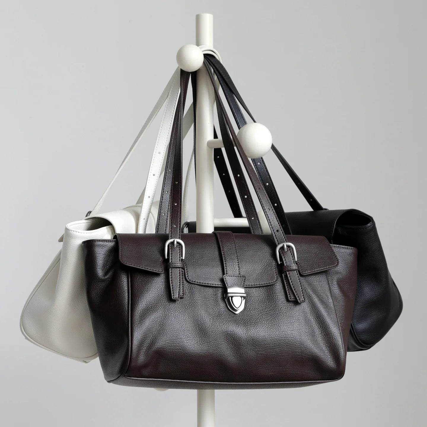 White Leather Belted Tote Bag