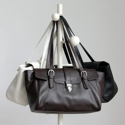 White Leather Belted Tote Bag