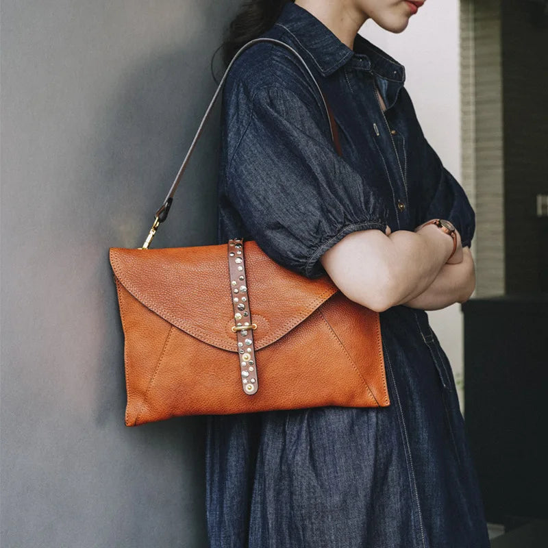 Brown Beaded Foldover Clutch Bag