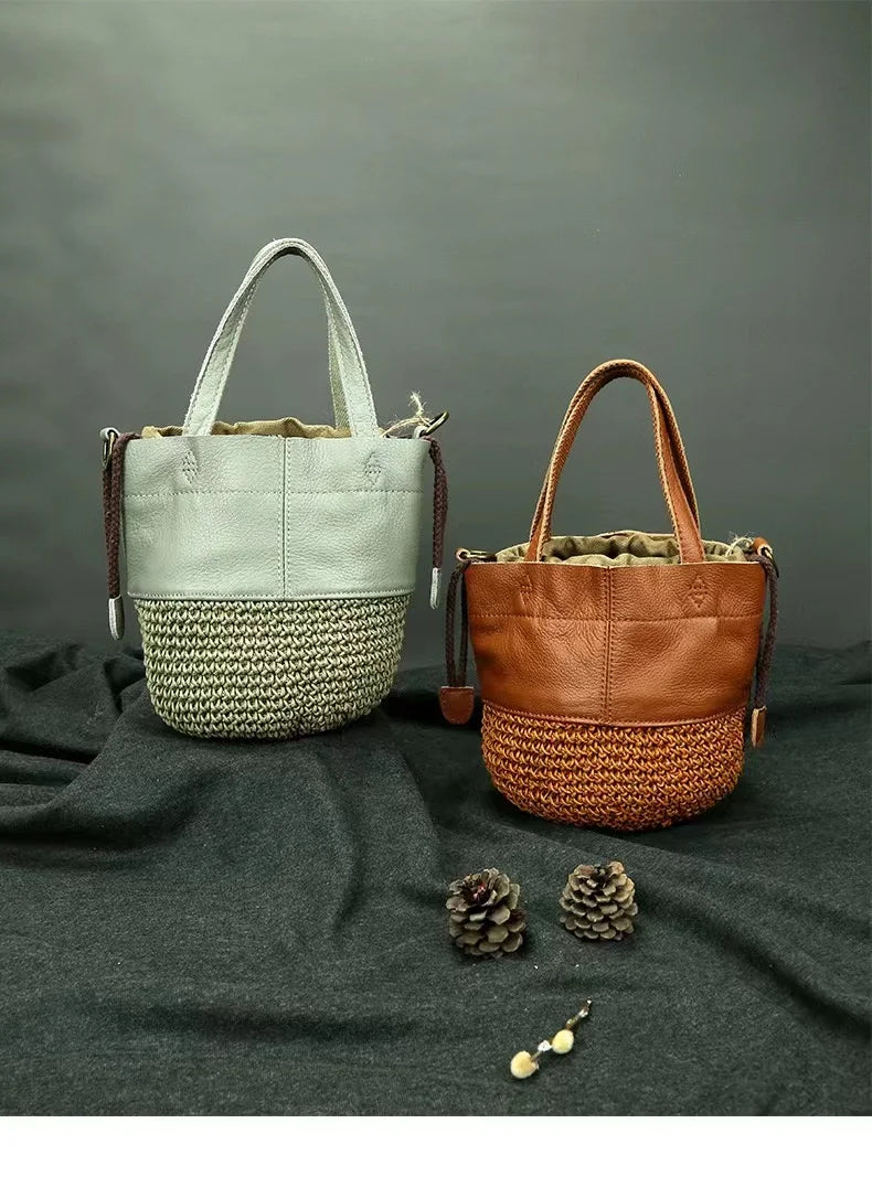 Woven Raffia Bucket Tote Bag