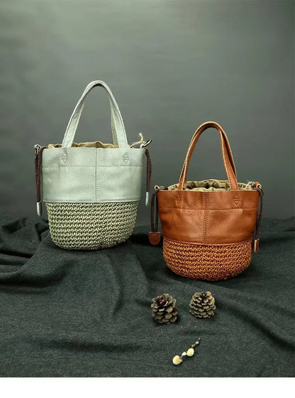 Woven Raffia Bucket Tote Bag