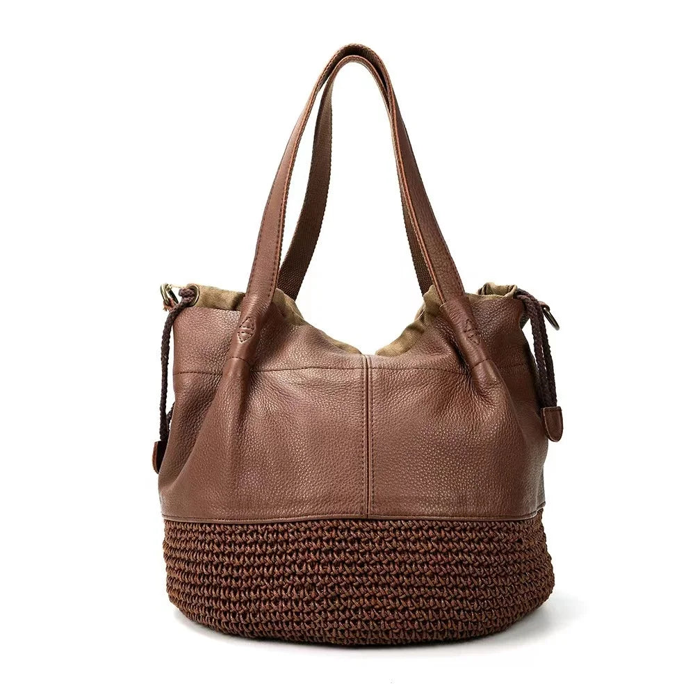 Brown Woven Bucket Shoulder Bag