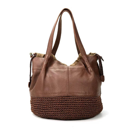 Brown Woven Bucket Shoulder Bag