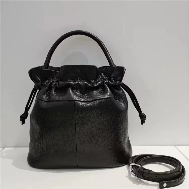 Blue Leather Drawstring Bucket Bag