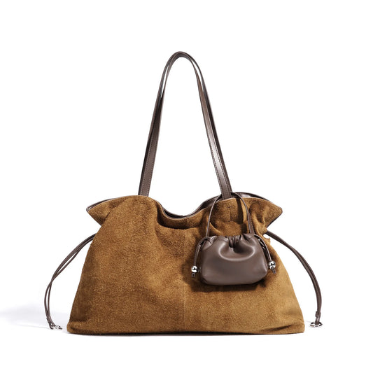 Brown Suede Drawstring Tote Bag