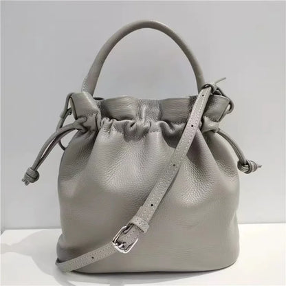 Blue Leather Drawstring Bucket Bag