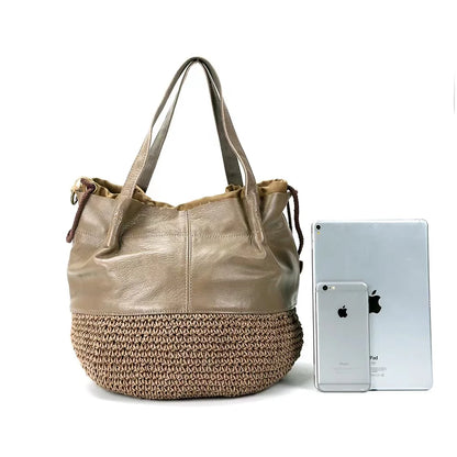 Brown Woven Bucket Shoulder Bag