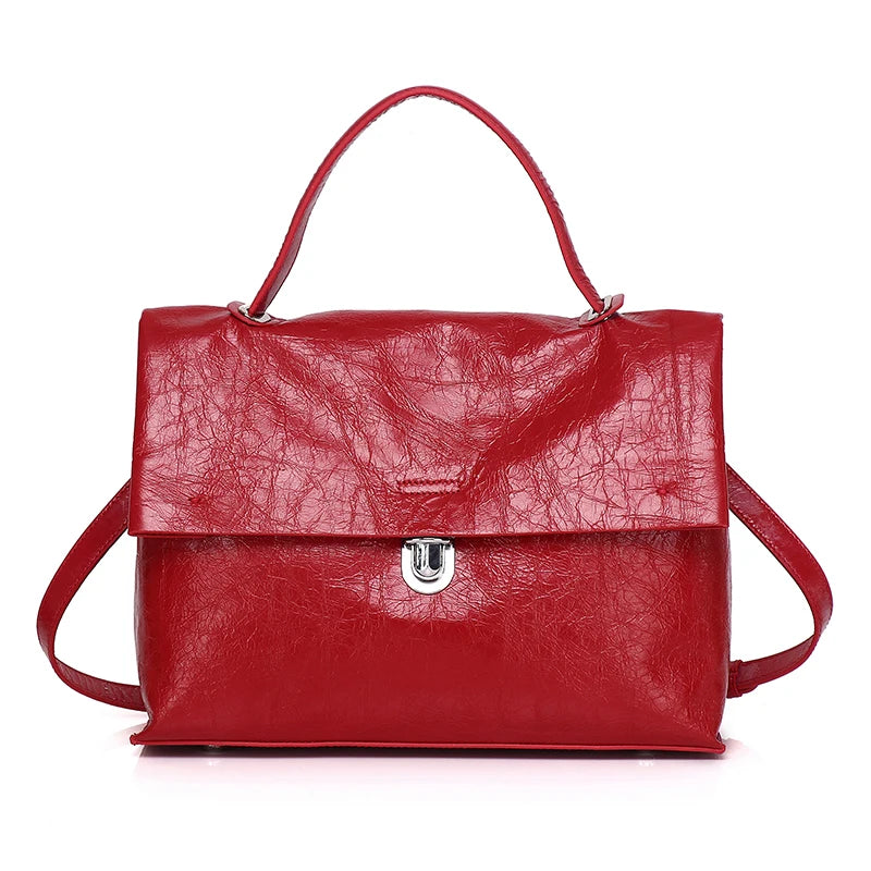 Black Foldover Leather Satchel Bag