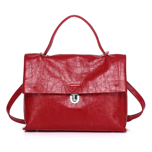Black Foldover Leather Satchel Bag