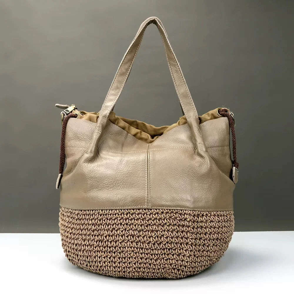 Brown Woven Bucket Shoulder Bag