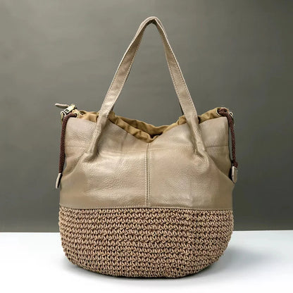 Brown Woven Bucket Shoulder Bag