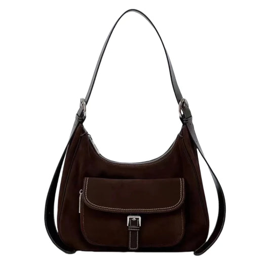 Brown Suede Pocket Shoulder Bag