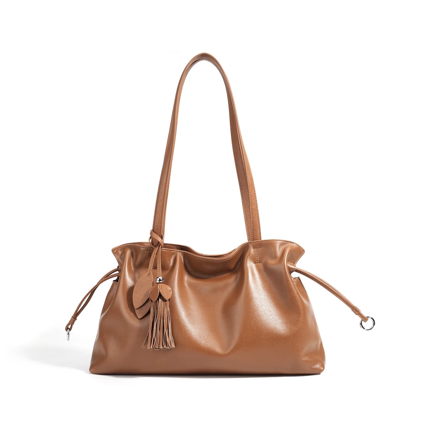 Beige Drawstring Tassel Shoulder Tote