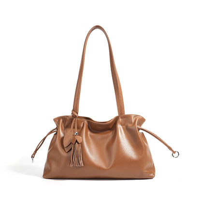 Beige Drawstring Tassel Shoulder Tote