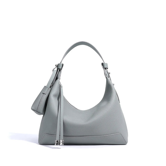 Gray Leather Crescent Hobo Bag