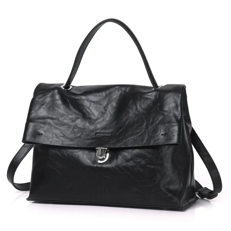 Black Foldover Leather Satchel Bag