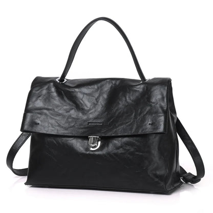 Black Foldover Leather Satchel Bag