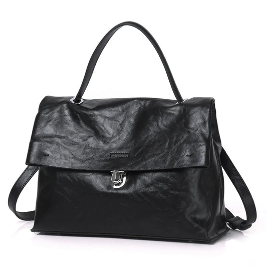Black Foldover Leather Satchel Bag