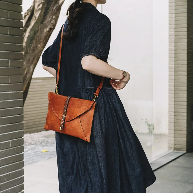 Brown Beaded Foldover Clutch Bag
