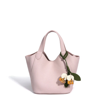 Tan Leather Charm Bucket Tote