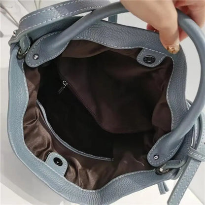 Blue Leather Drawstring Bucket Bag
