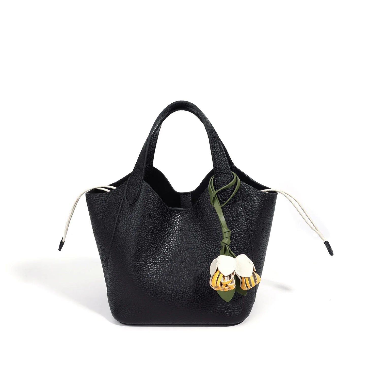 Tan Leather Charm Bucket Tote