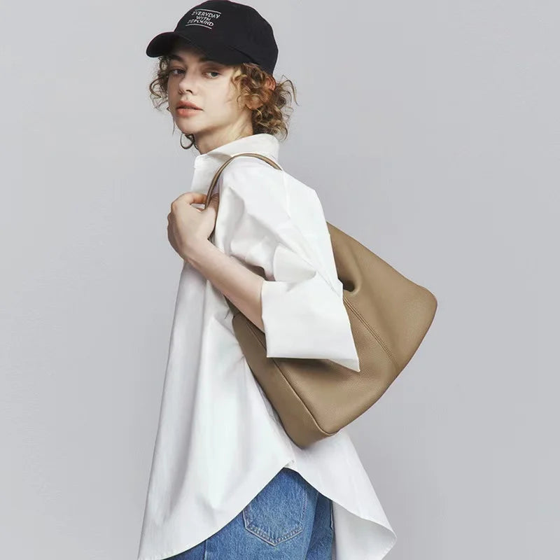 Taupe Leather Dumpling Shoulder Bag
