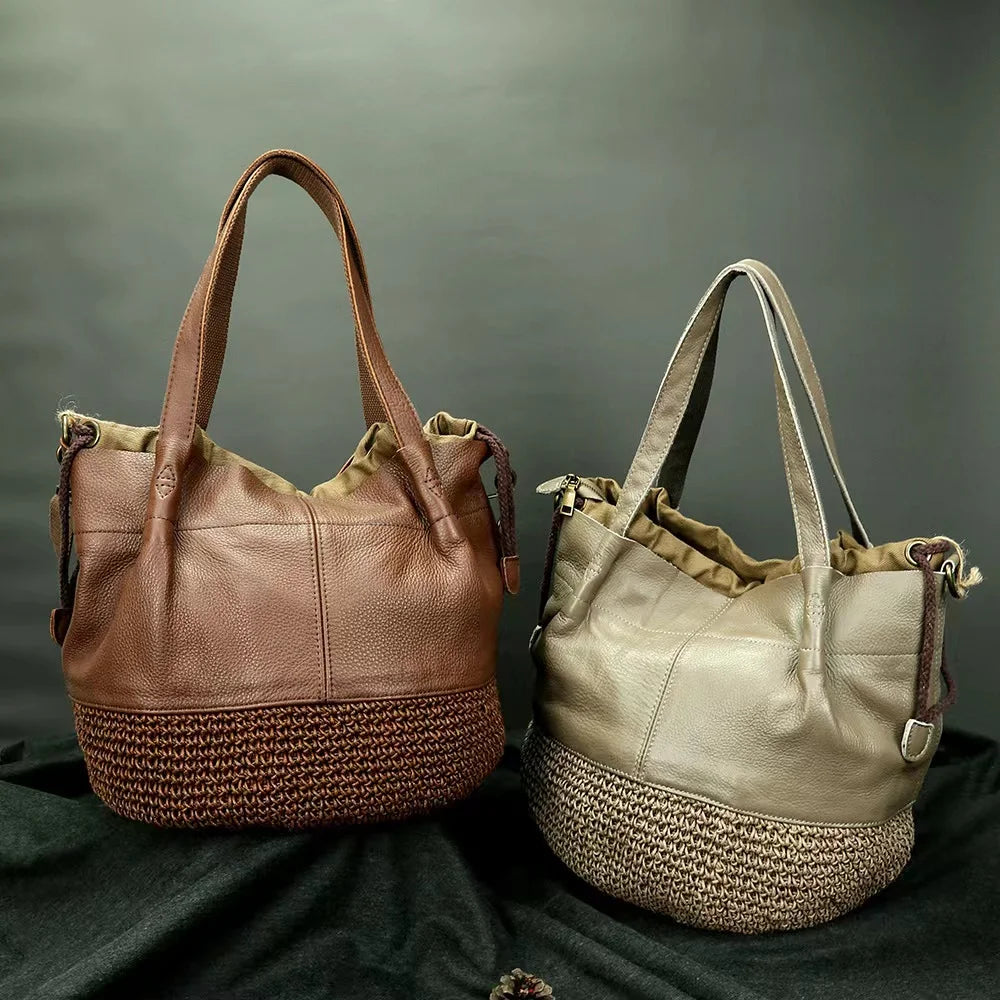 Brown Woven Bucket Shoulder Bag
