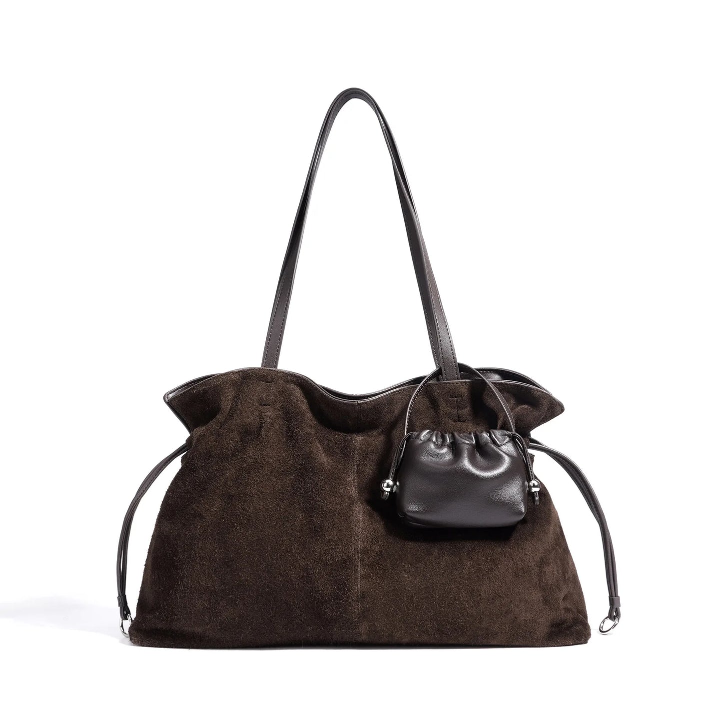 Brown Suede Drawstring Tote Bag