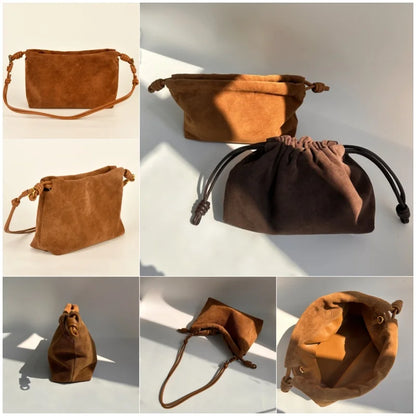 Brown Suede Drawstring Cloud Bag