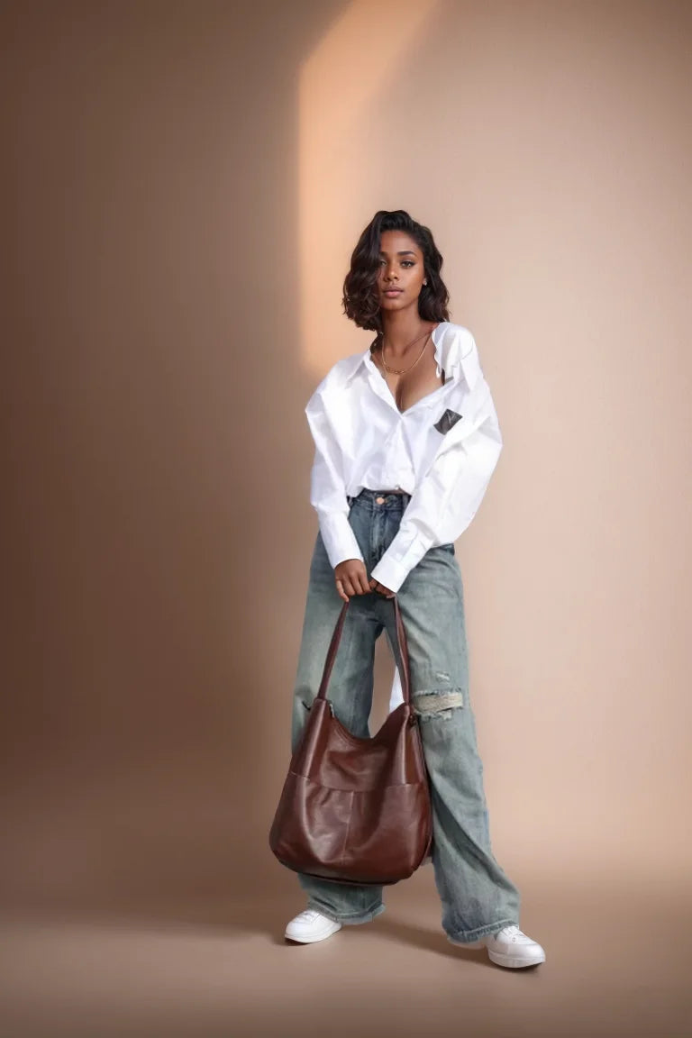 Brown Leather Slouch Bucket Bag