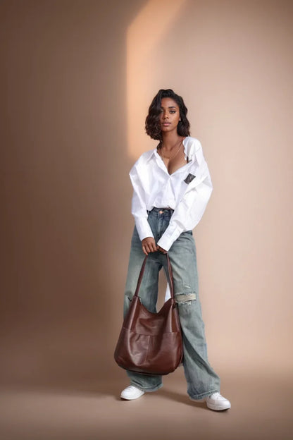 Brown Leather Slouch Bucket Bag