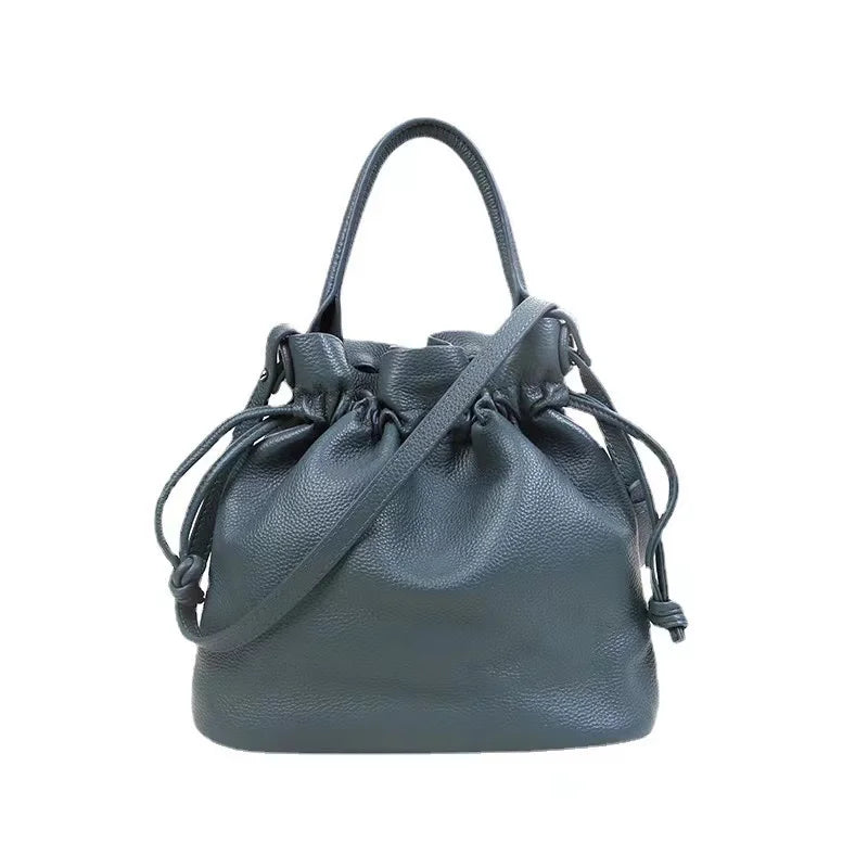 Blue Leather Drawstring Bucket Bag
