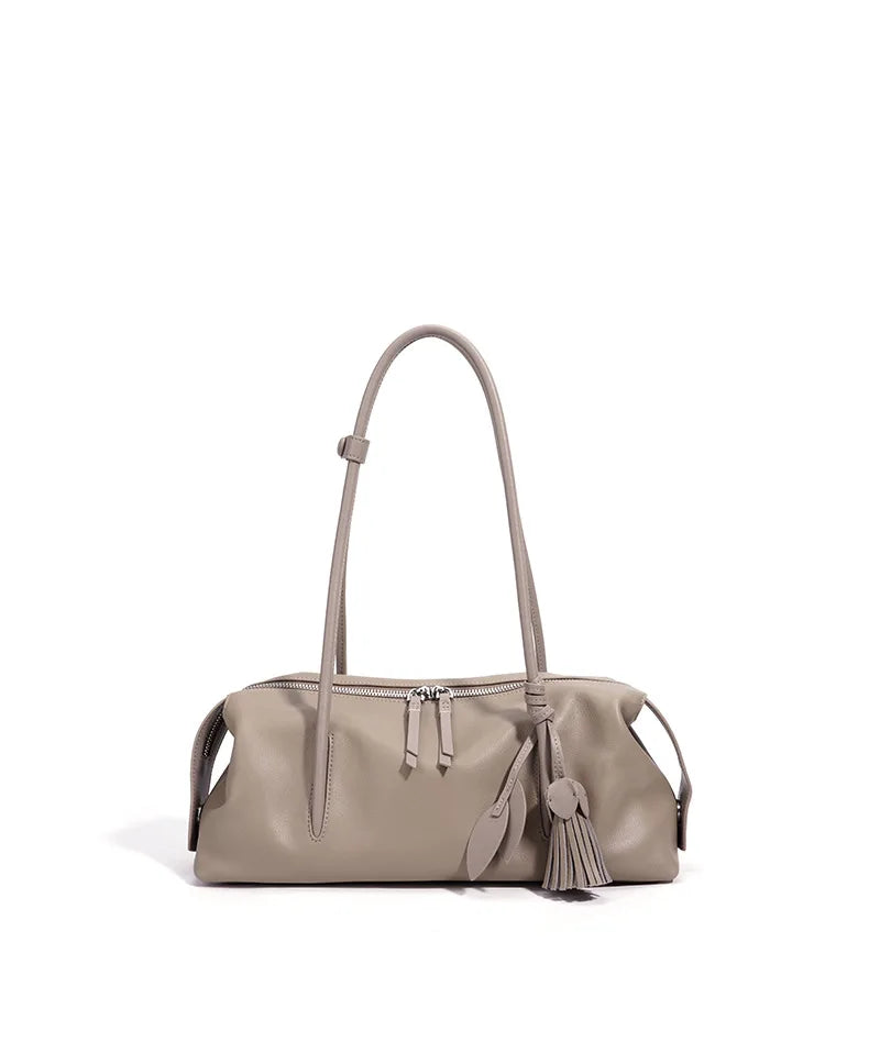 Taupe Leather Tassel Shoulder Bag