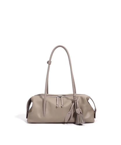 Taupe Leather Tassel Shoulder Bag