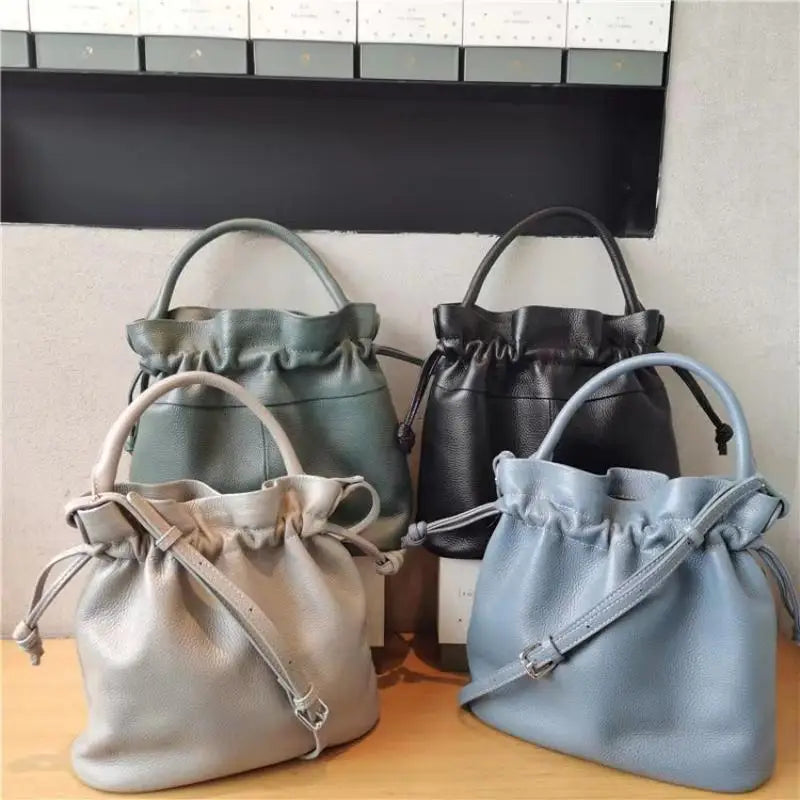 Blue Leather Drawstring Bucket Bag